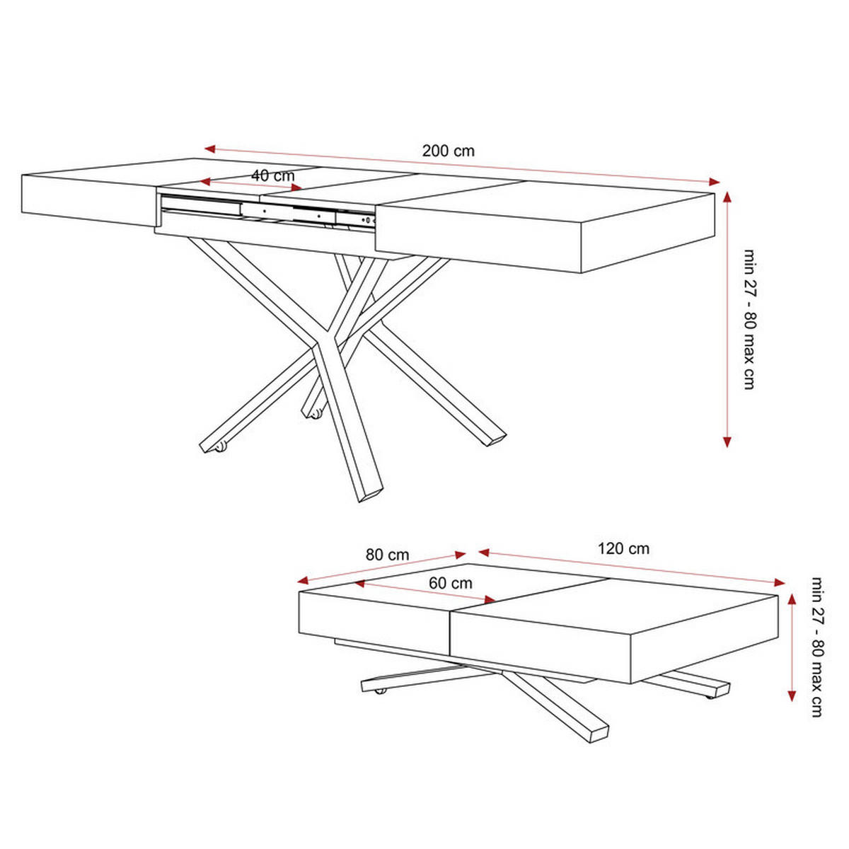 COUCHTISCH SANELLE X ausziehbar mit Liftfunktion, 120/80/76 cm Schwarz/Grigia Pietra (Steingrau) - Schwarz/Grau, Holzwerkstoff/Metall (120/80/27cm) - Idohome