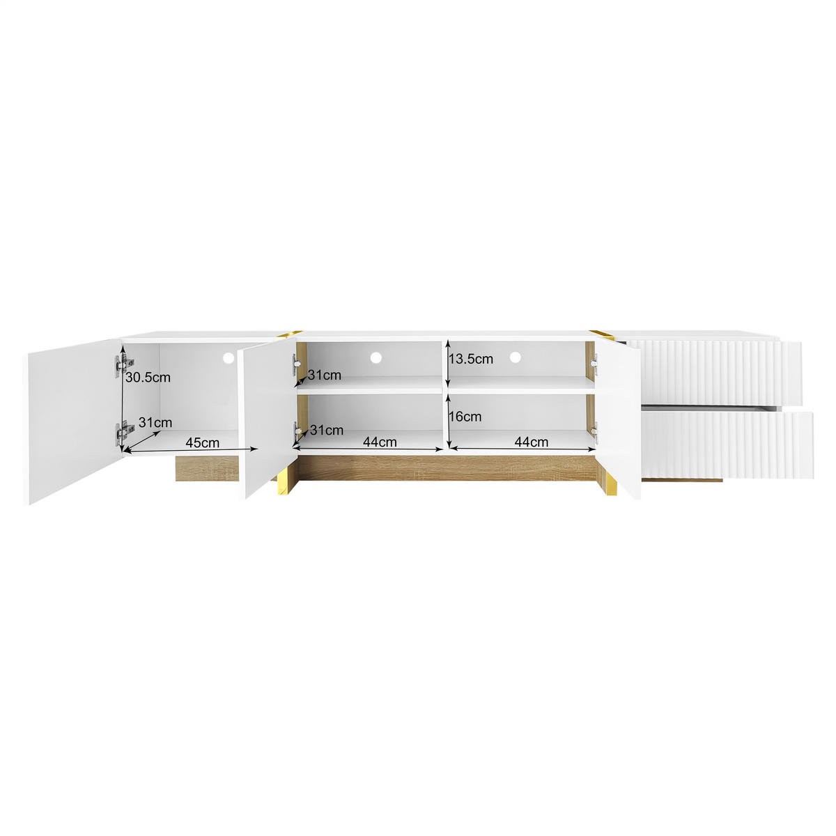 TV-SCHRANK 190cm 3 Türen 2 Schubladen Weiß Gold & Holzmaserung - Weiß, Holz (44.48/17.48/103.48cm) - FLIEKS