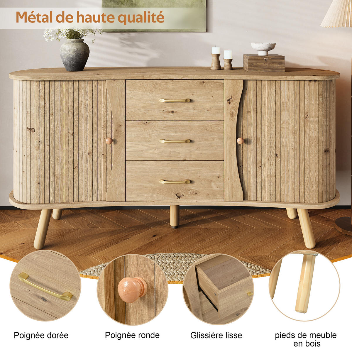 KOMODA, videz lesa, v obliki graha, z 2 drsnimi vrati in 3 predali - naravne barve, leseni material (150/75/36.5cm) - Urban Meuble