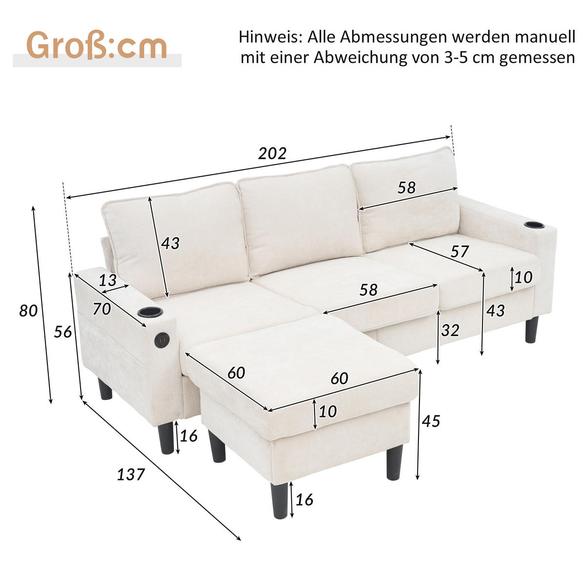 ECKSOFA L-Form 3-Sitzer mit zwei Getränkehaltern und USB und Typ-C-Anschlüssen Beige 202/137/80 cm - Beige, Textil (202/137cm) - OKWISH