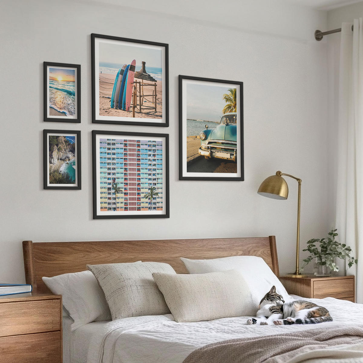 BILDER SET 5er Set - 50x50 cm & 20x30 cm & 40x60 cm Schwarzer Rahmen - Sonnenuntergang in Miami - Schwarz, Kunststoff (40/60cm) - TULUP