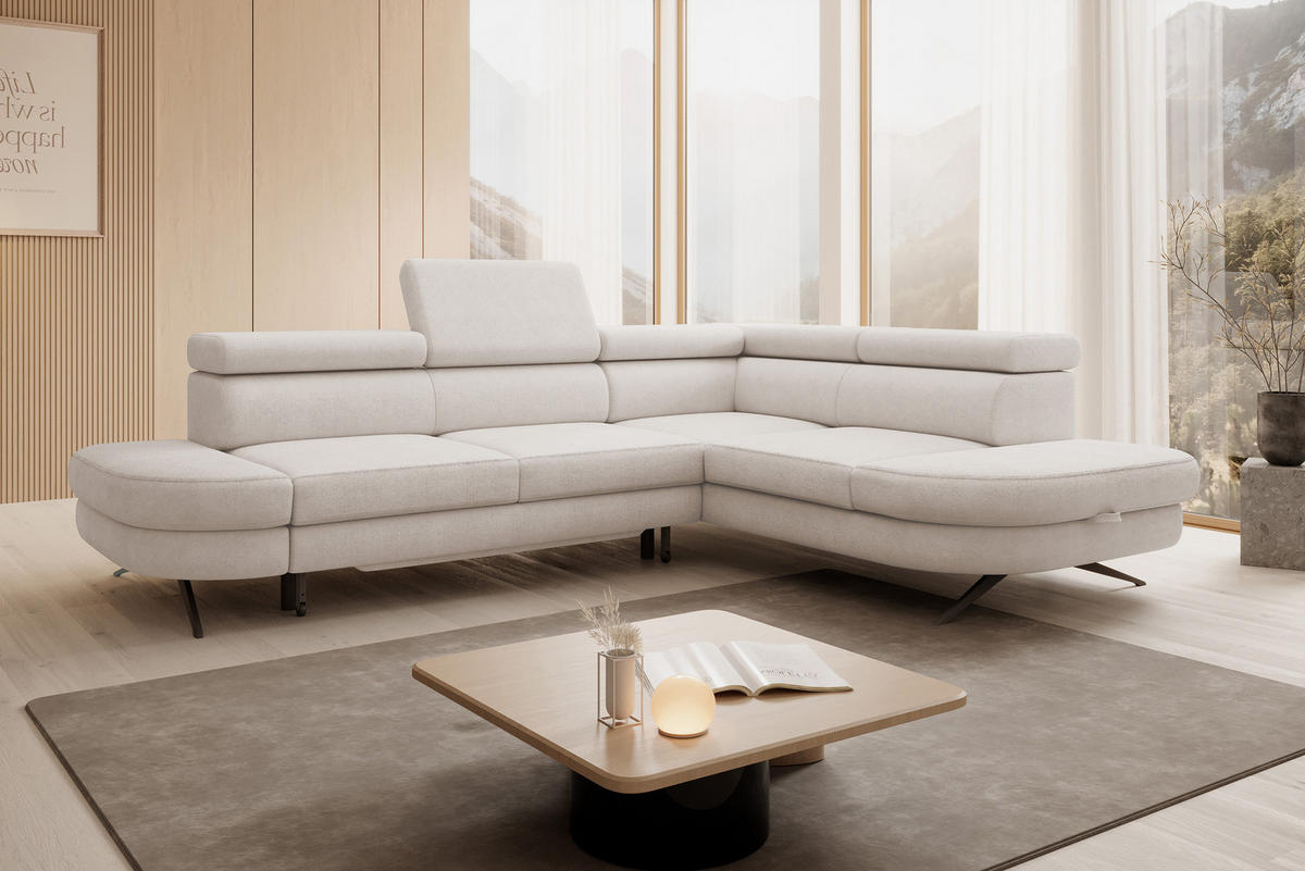 ECKSOFA OTIS L-förm, Schlaffunktion, verstellbare Kopfstützen, in AURORA-Stoff, lose Rückenkissen, freistehend, RECHTS 276x218x97 cm Beige - Beige, Holz/Textil (276/218cm) - DomoHome