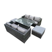 GARTENMÖBEL HÖHENVERSTELLBARER ESSTISCH SET MIT HOCKER 8-Sitzer - Dunkelgrau/Grau, Glas/Kunststoff - Fimous