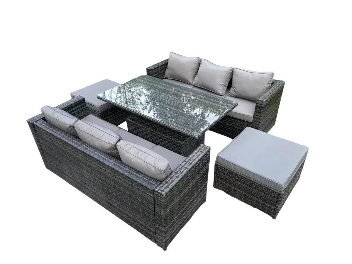 GARTENMÖBEL HÖHENVERSTELLBARER ESSTISCH SET MIT HOCKER 8-Sitzer - Dunkelgrau/Grau, Glas/Kunststoff - Fimous