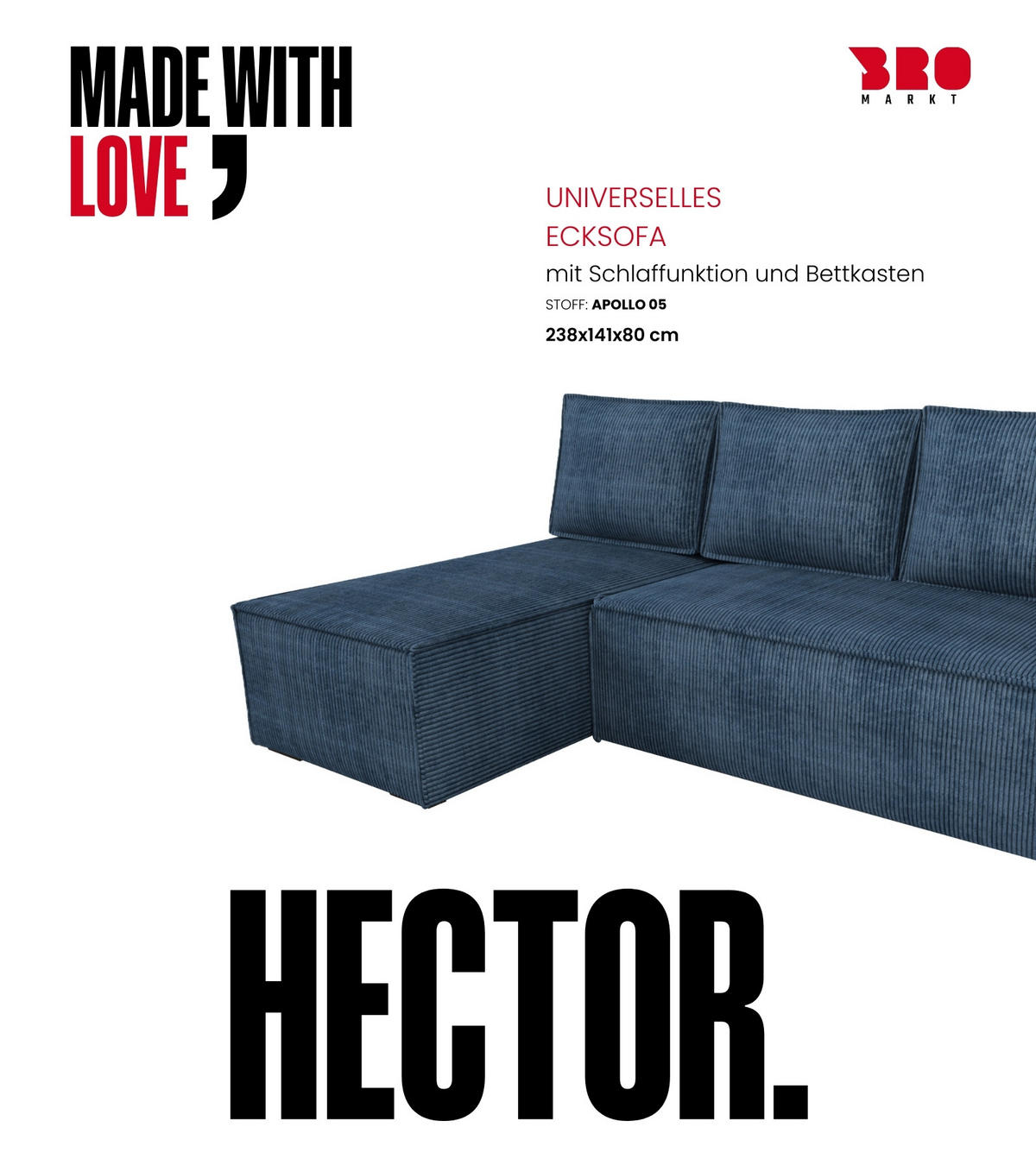 ECKSOFA Hector mit Schlaffunktion Blau Cord - Blau, Textil (200/141cm) - Bromarkt
