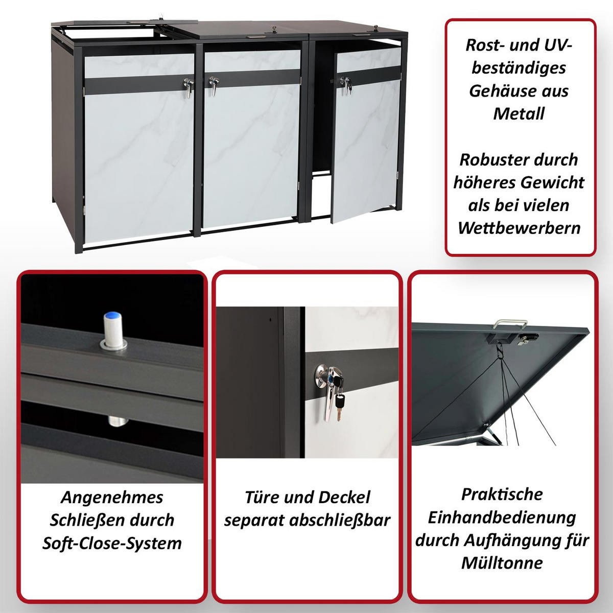 3ER MÜLLTONNENVERKLEIDUNG rechteckig Marmor Schwarz Dekor - Schwarz, Metall (200/117/80cm) - Jamb