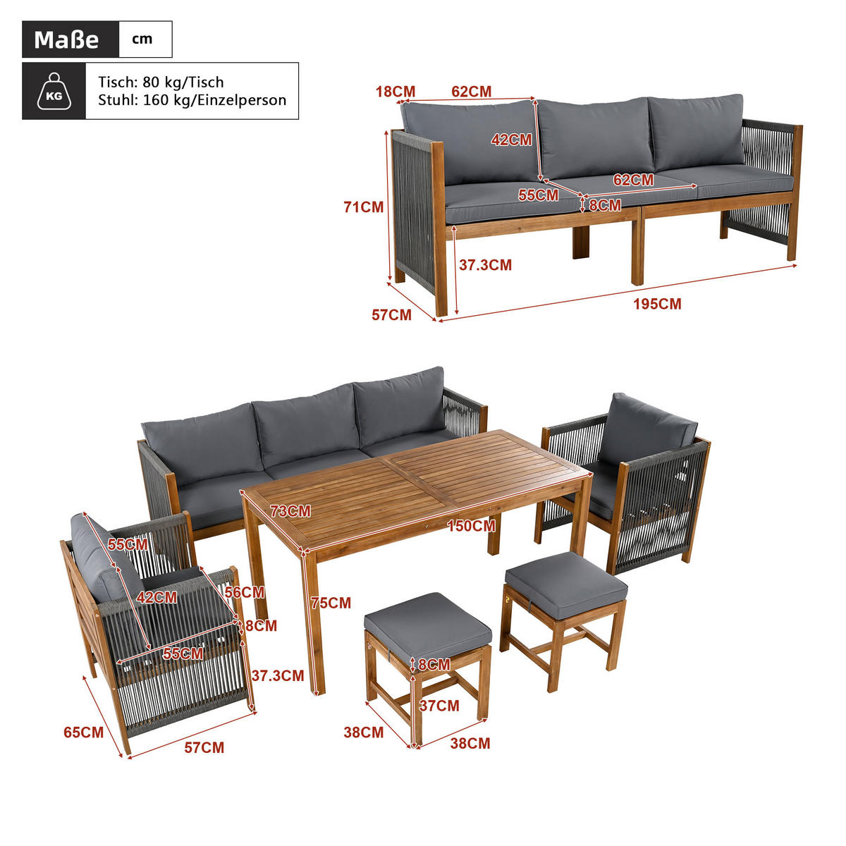 ESSGRUPPE 6-tlg. Grau 3er-Sofa 2 Einzelsofas 2 Hocker - Grau, Textil - FLIEKS