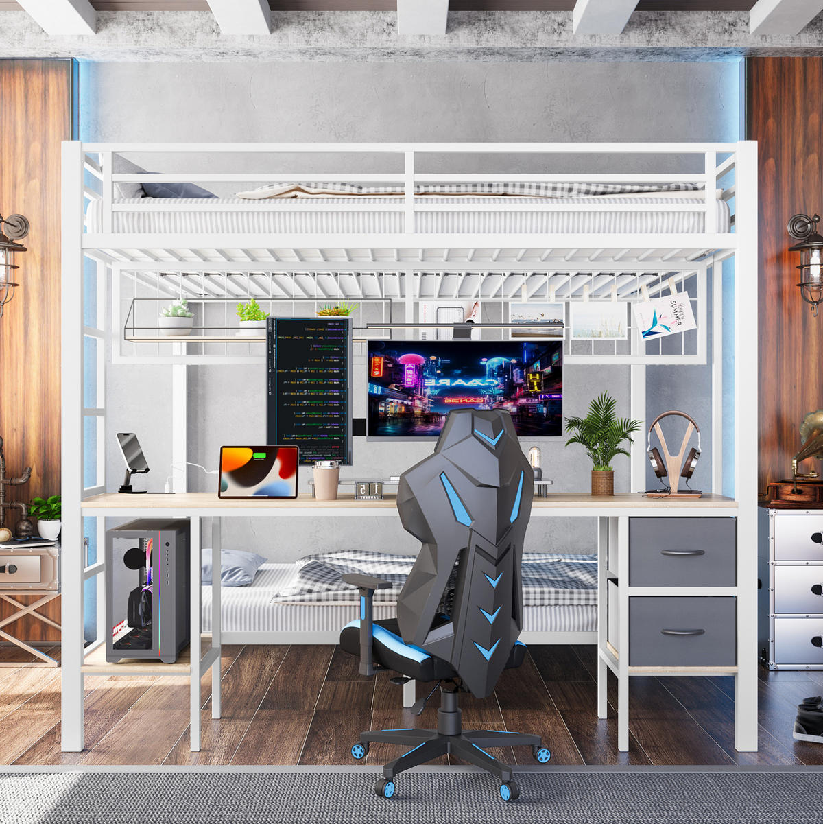 HOCHBETT 140/200 cm aus Metall/MDF mit Schreibtisch, Stauraum und LED-Leiste Weiß - Weiß, Metall (140/200cm) - Modenvie