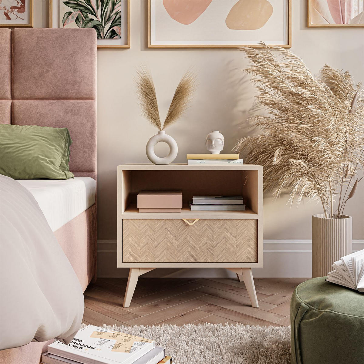 NACHTTISCH ALOE mit Fischgrätenmuster Scandi Sandbeige - Beige, Holzwerkstoff (54/54/38cm) - Lookway