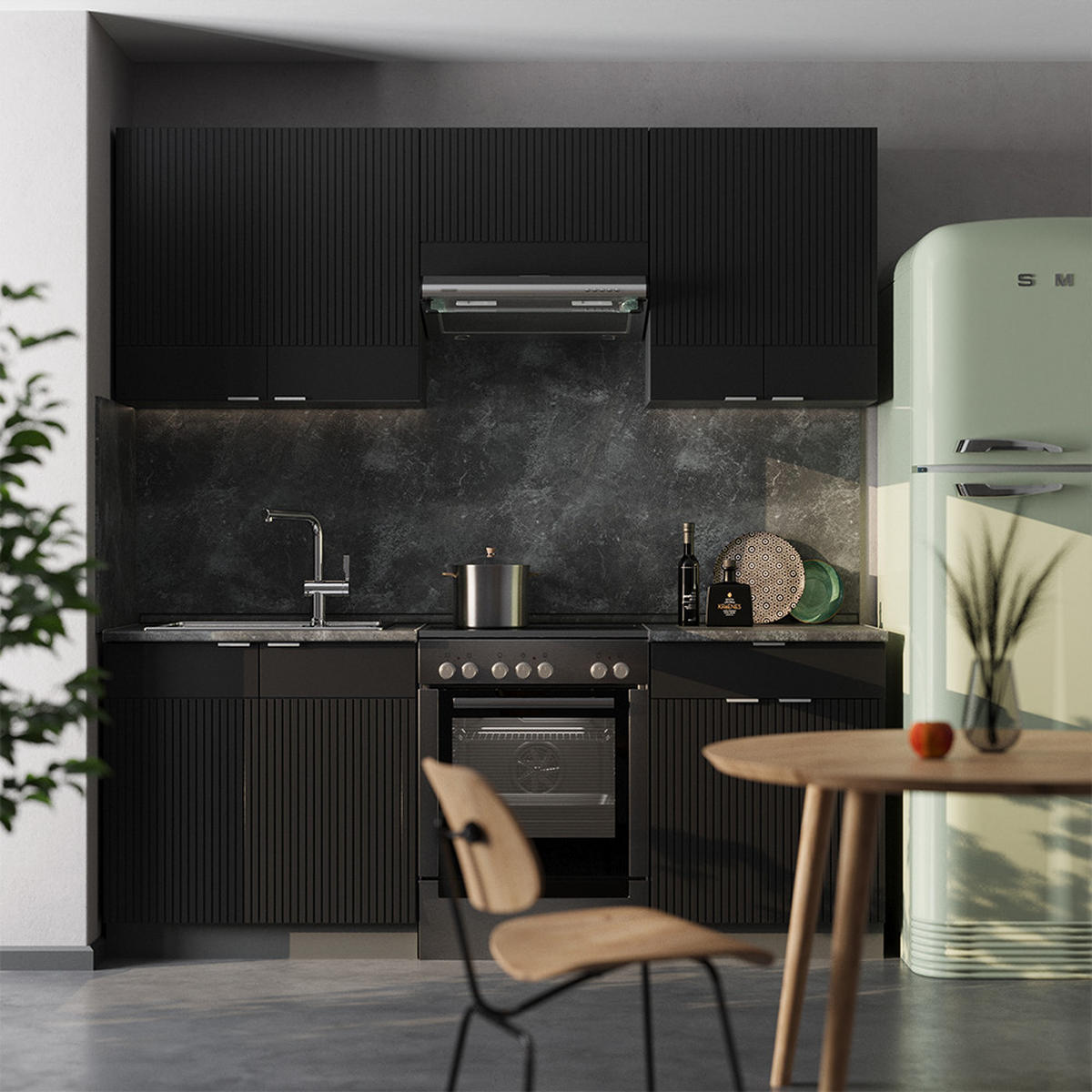 KUCHYŇSKÁ LINKA Fame-Line, černé pruhy/antracit, 200 cm bez pracovní desky - černá/antracitová, kompozitní dřevo (200/81.6/46cm) - Vicco