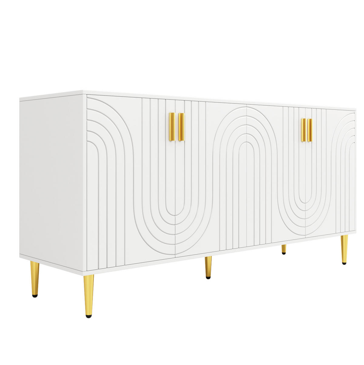 SIDEBOARD Weiß aus MDF mit Wellenfront und goldfarbenen Griffen, 152/40/75 cm, Weiß - Weiß, Holzwerkstoff (40/75/152cm) - Redom