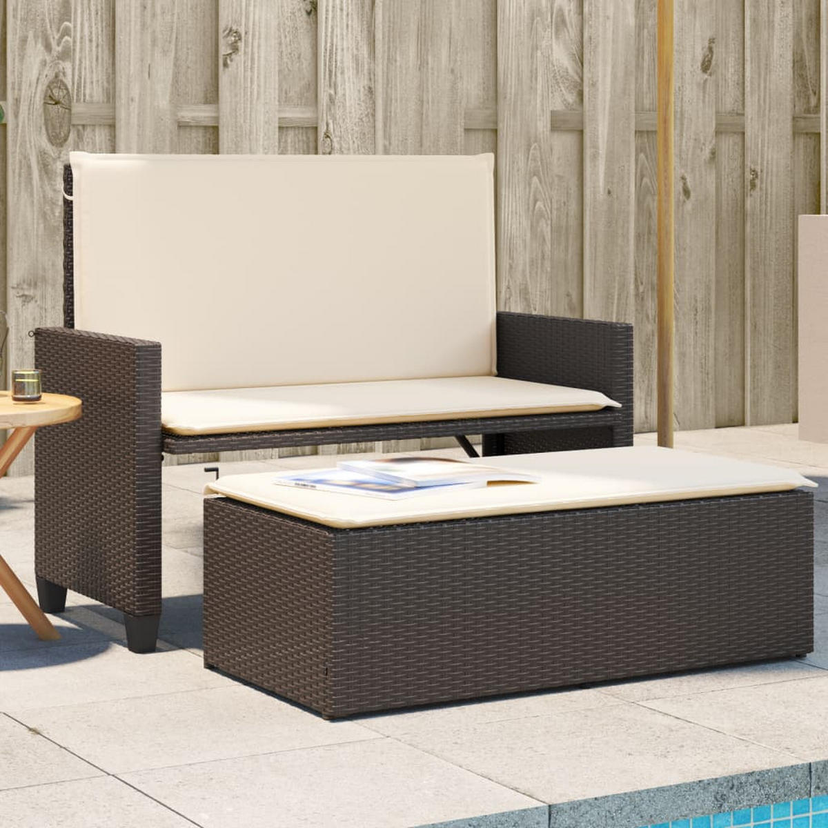 GARTENBANK mit Kissen und Hocker Braun Poly Rattan - Braun, Kunststoff (122/61.5/55cm) - furnicato
