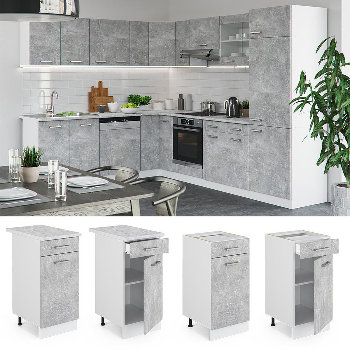 KÜCHENUNTERSCHRANK R-Line Beton 40 cm, AP Eiche - Schieferfarben/Weiß, Holzwerkstoff (40/81.6/60cm) - Vicco