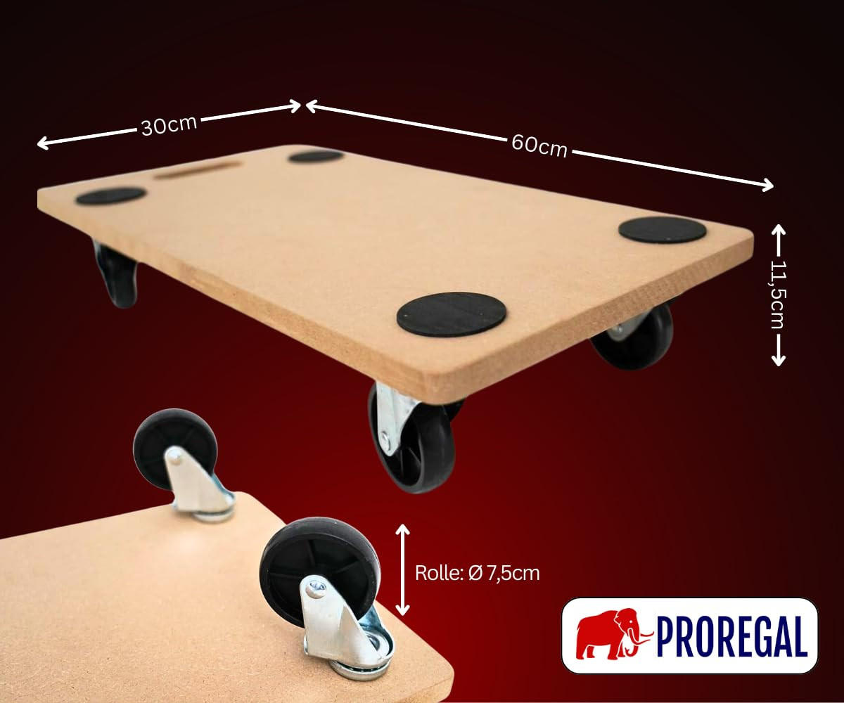 TRANSPORTROLLER mit 4 Rollen 11,5x30x60cm Traglast 200kg MDF Holzplatte Braun 2 Stück - Hellbraun, Holzwerkstoff (60/30/11.5cm) - PROREGAL