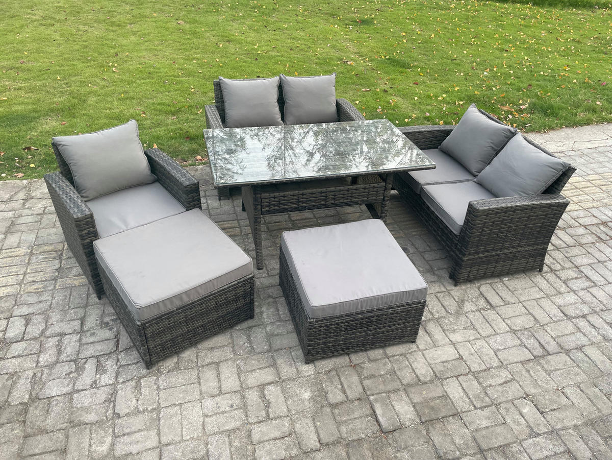 BALKONMÖBEL-SETS mit 2-Sitzer Sofa,2 große Fußhocker,Esstisch Polyrattan Dunkelgrau 7-Sitzer - Dunkelgrau/Grau, Glas/Kunststoff - Fimous
