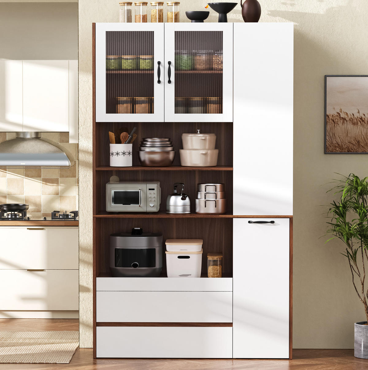 HIGHBOARD 100/200/40 cm Weiß/Nussbaum aus MDF mit ausziehbarer Ablage - Weiß, Holzwerkstoff (40/200/100cm) - OKMYHOME