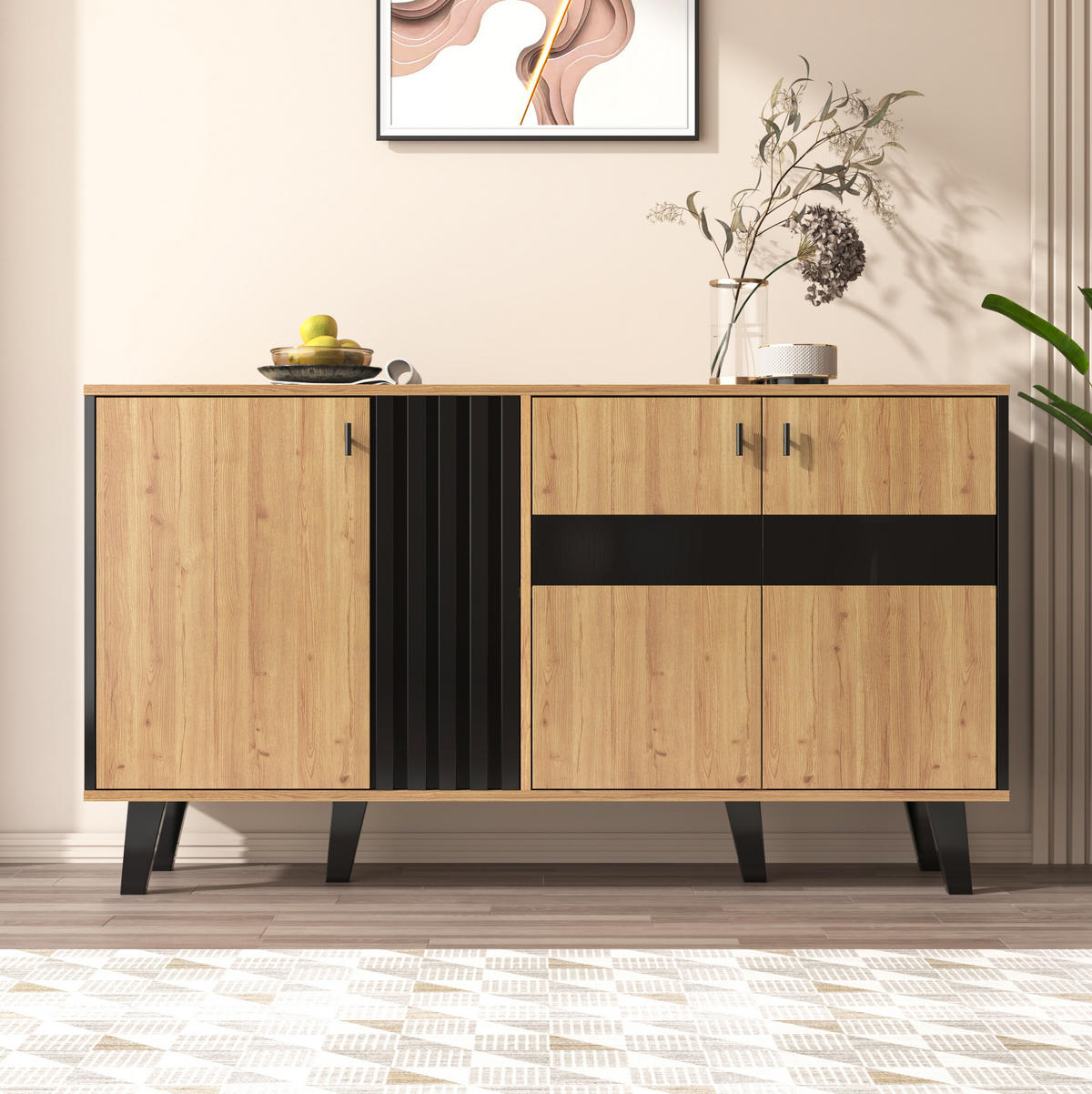 SIDEBOARD 140/41/78,5 cm Natur/Schwarz aus Glas und Spanplatte mit LED - Naturfarben, Holzwerkstoff (140/78/41cm) - OKWISH