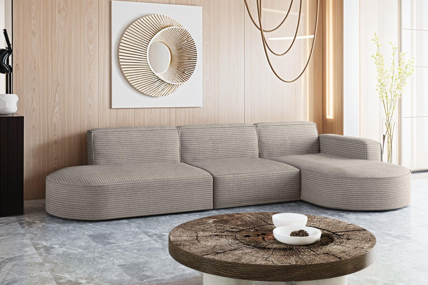 ECKSOFA Designer, Sofa L form MODENA 302 cm stoff Poso Hellbraun Rechts - Hellbraun, Holz (302/296cm) - Kaiser Möbel