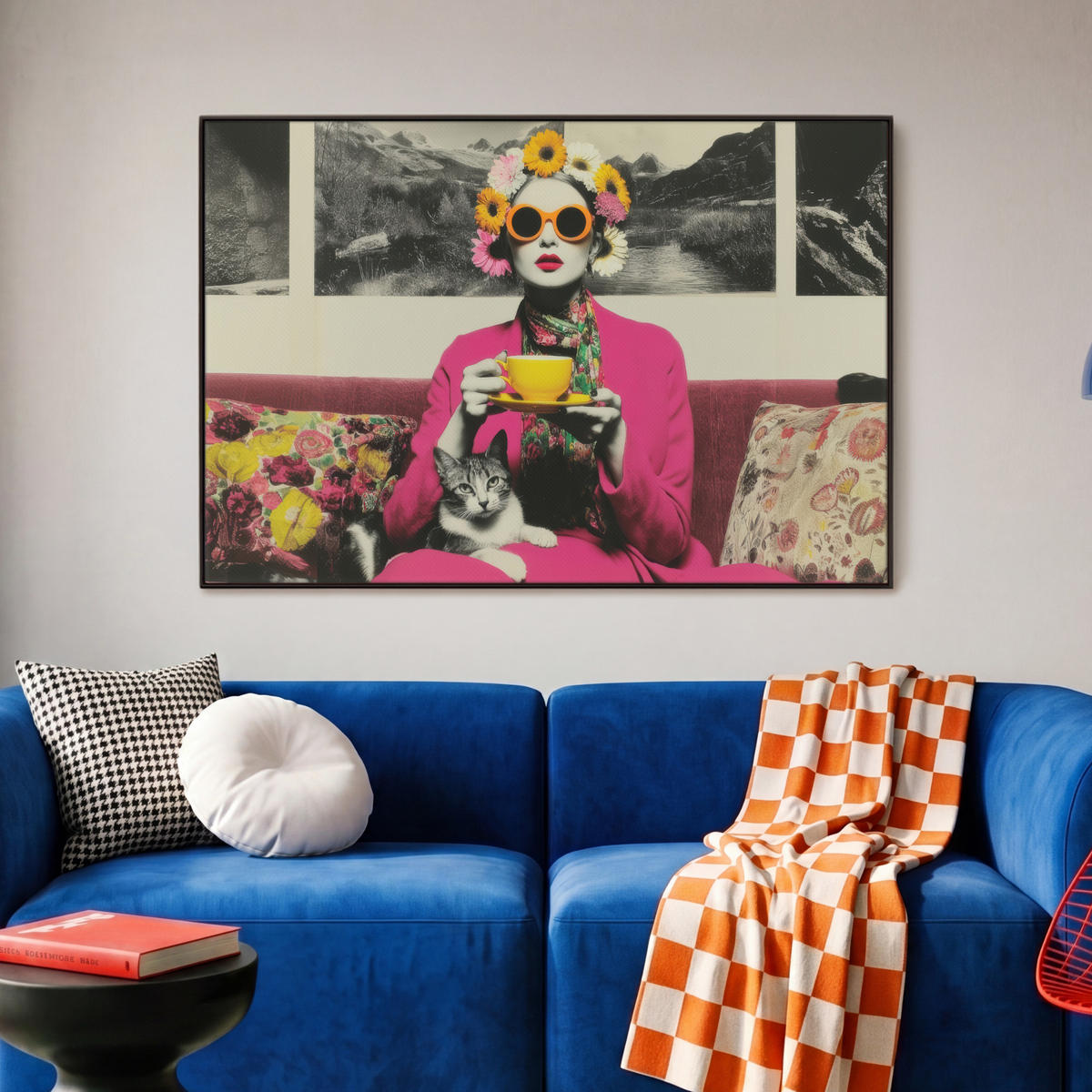 LEINWAND Bilder mit Rahmen - Frau - Katze - Blumen - Tasse - Retro - 90x60 - Magenta, Textil (90/60cm) - MuchoWow