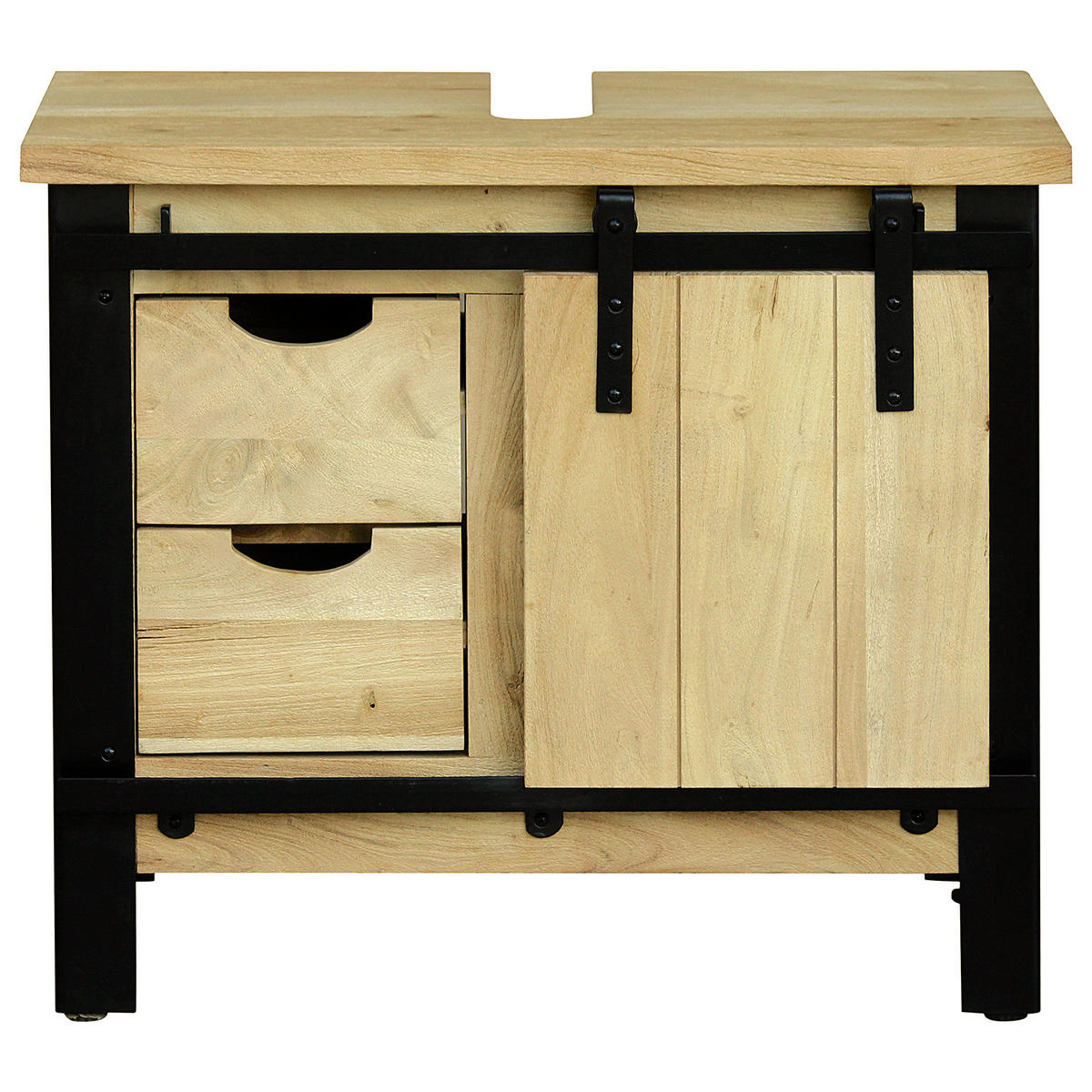 WASCHBECKENUNTERSCHRANK - Akazie massiv / Metall - Akazie / Schwarz - Akaziefarben, Holz/Metall (70/60/40cm) - home24