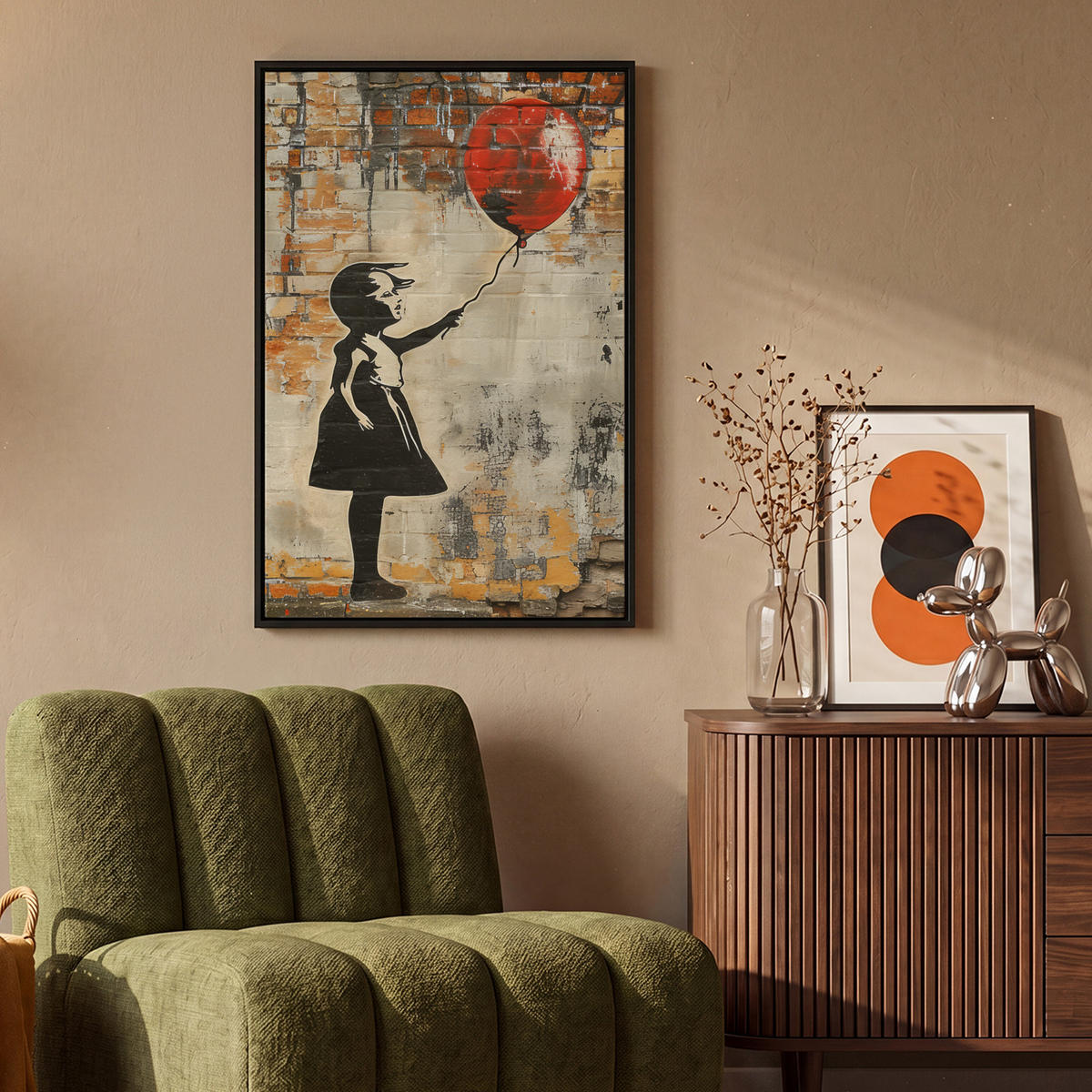 LEINWAND Bilder mit Rahmen - Graffiti - Banksy - Mädchen - Straßenkunst - 60x90 - Sandfarben, Textil (60/90cm) - MuchoWow