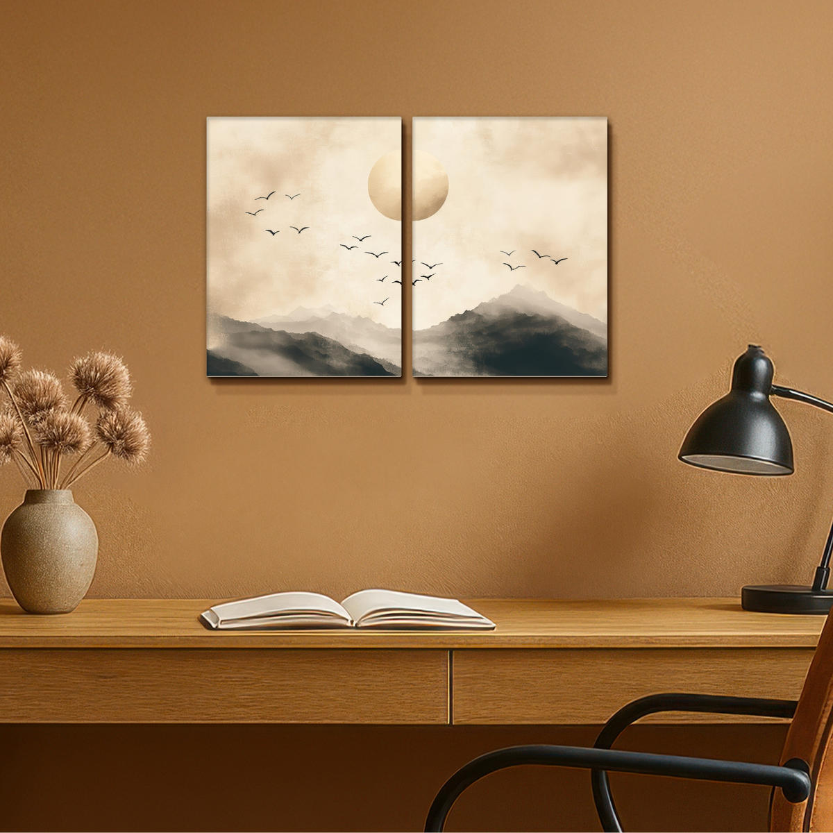 LEINWANDBILD 2er Set Landschaft - Japandi - Beige - Vögel 60x40 cm - Beige, Textil (60/40cm) - MuchoWow