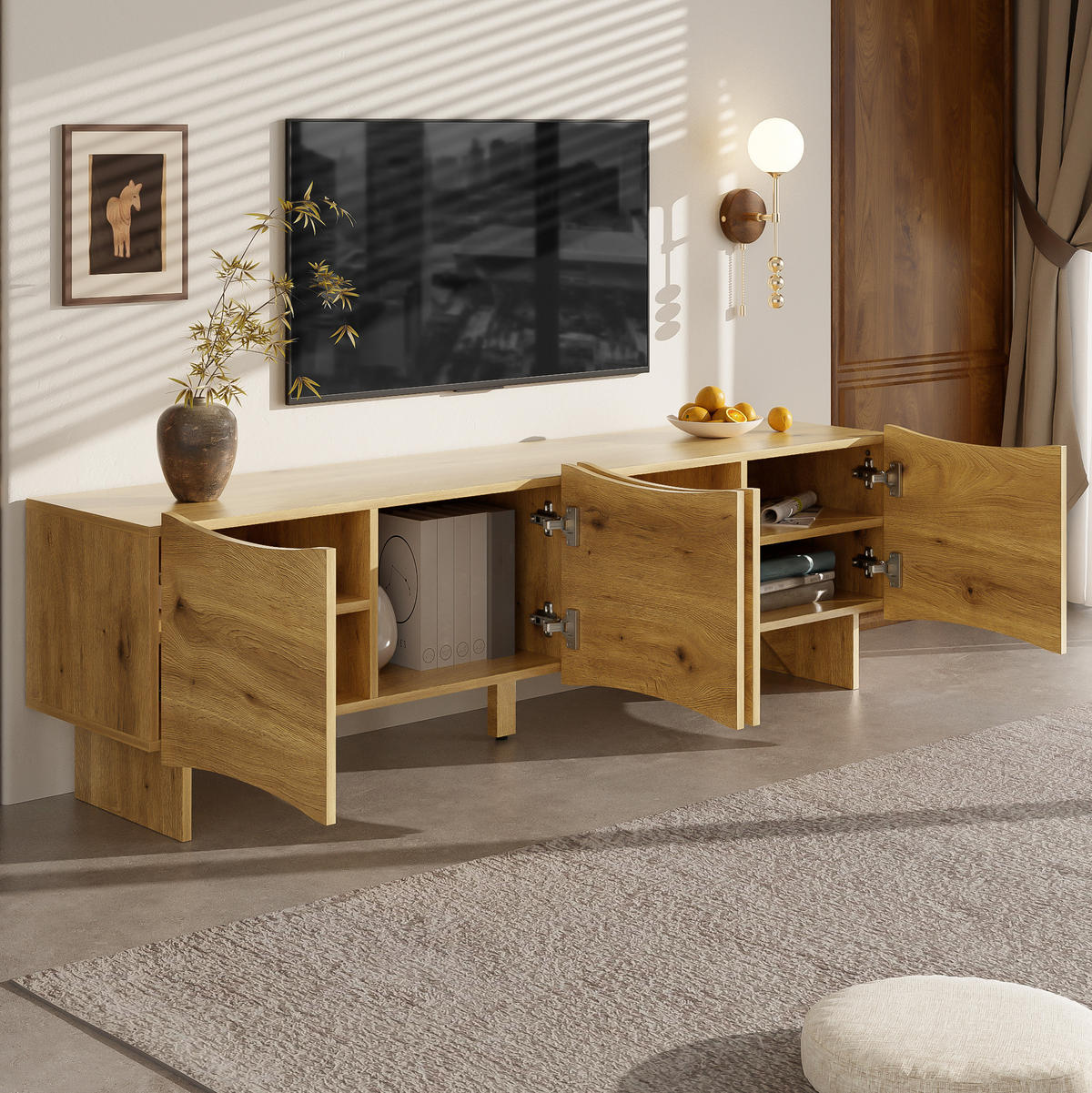 TV-LOWBOARD 155/36/47 cm mit 4 Türen und Kabeldurchlass in Holzoptik - Eichefarben, Holzwerkstoff (155/47/36cm) - BEAOK