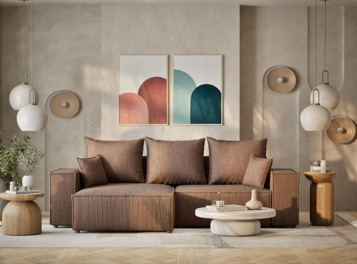 ECKSOFA MIT SCHLAFFUNKTION Moyo Hellbraun Webstoff - Hellbraun/Schwarz, Holz/Holzwerkstoff (255/148cm) - Maison de Reve