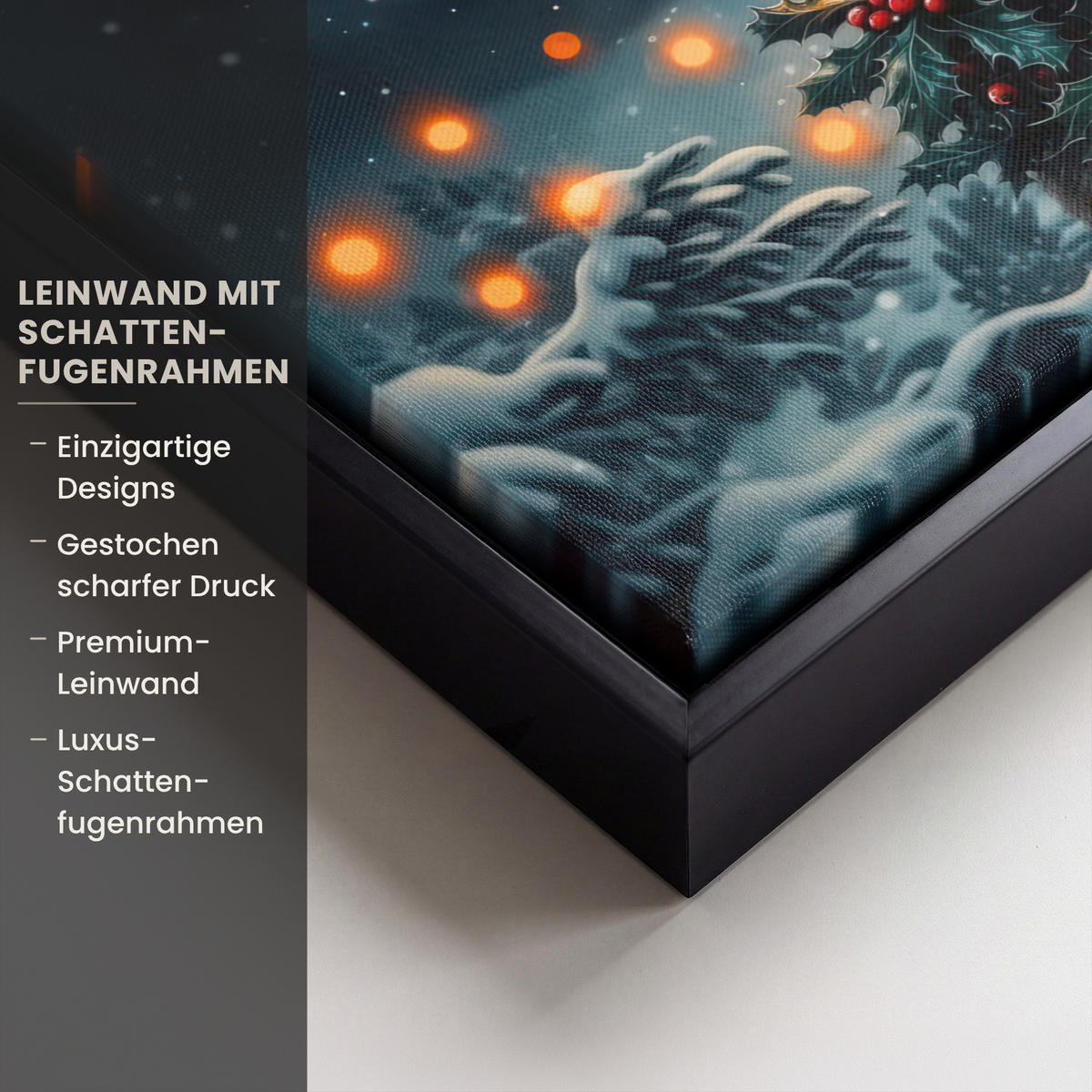 LEINWAND Bilder mit Rahmen - Hirsch - Weihnachten - Winter - Schnee - Weihnachtskranz - 40x30 - Dunkelbraun, Textil (40/30cm) - MuchoWow