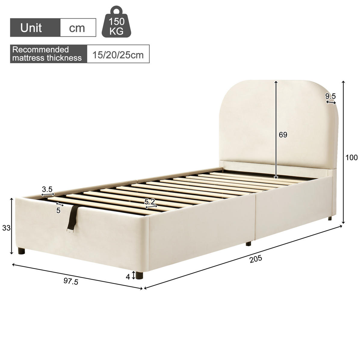 KINDERBETT Beige Samt 90x190 Hydraulik Stauraum Lattenrost - Beige, Textil (90/190cm) - FLIEKS