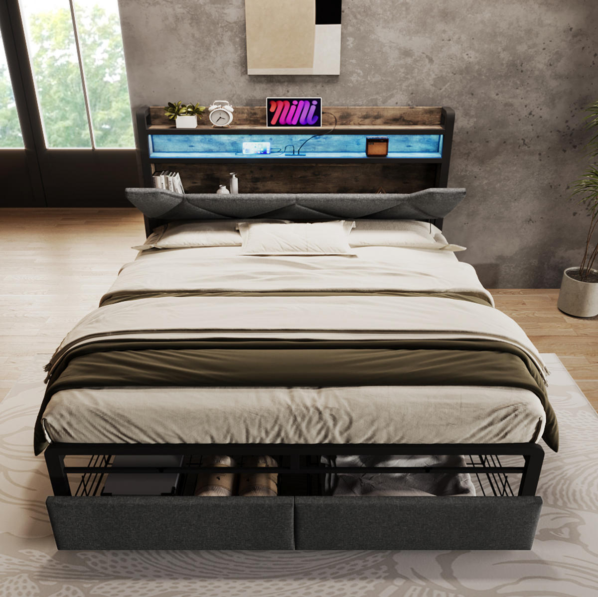 POLSTERBETT aus Leinen 160x200 cm in Grau mit LED-Beleuchtung & Ladestation - Grau, Textil (160/200cm) - Modfu