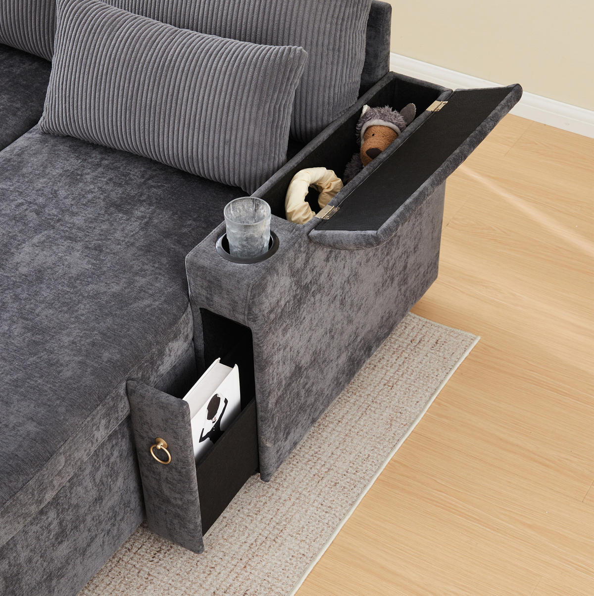 SCHLAFSOFA aus Chenille & Cord 272x131x84 cm in Grau mit Stauraum & Getränkehaltern - Grau, Textil (272/84/131cm) - Modfu