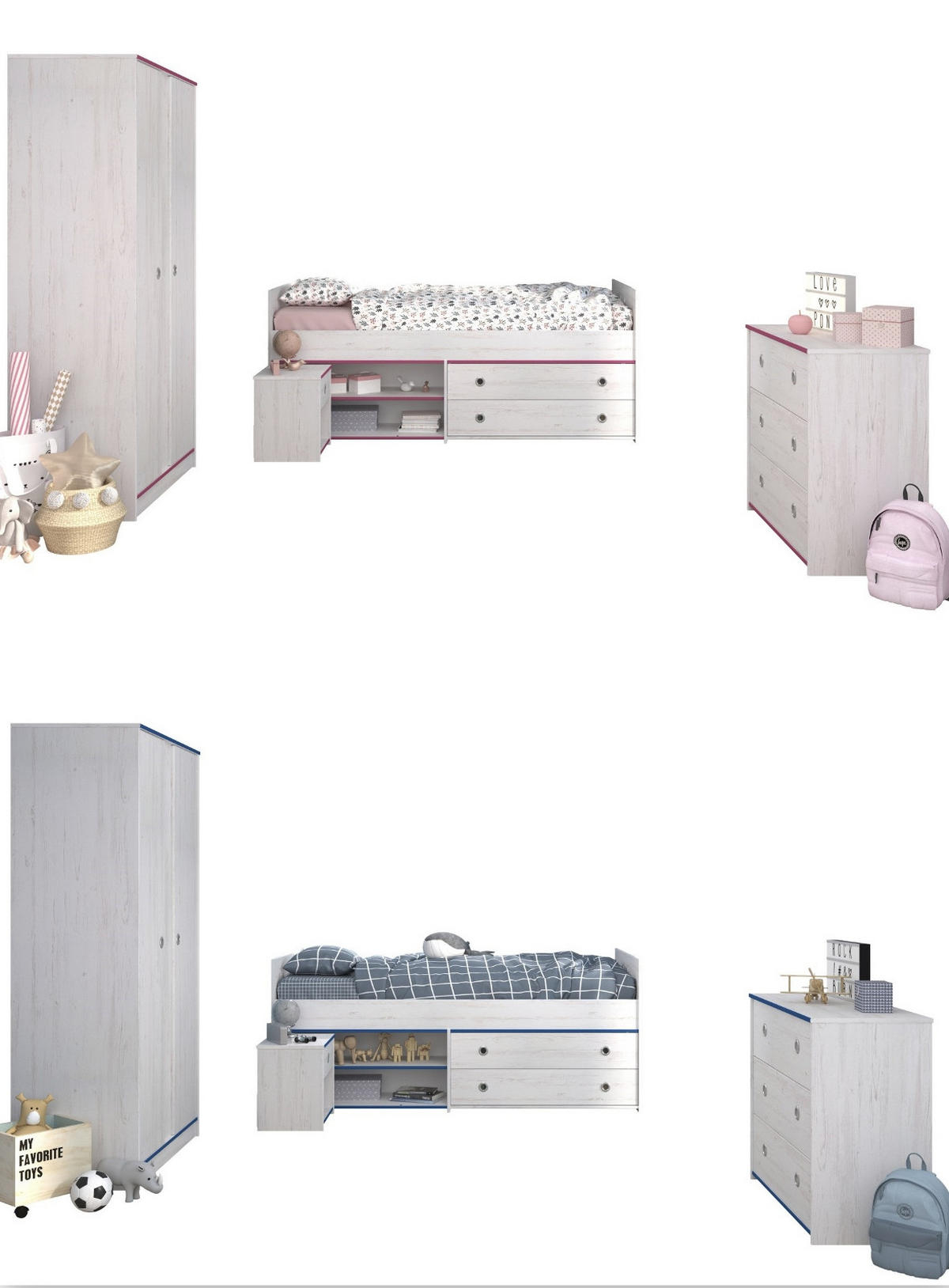 KINDERZIMMER Set Kleiderschrank Kommode Nachttisch Bett 90x200 cm - Weiß/Kieferfarben, Holz/Holzwerkstoff (290/182/95cm) - Parisot Meuble