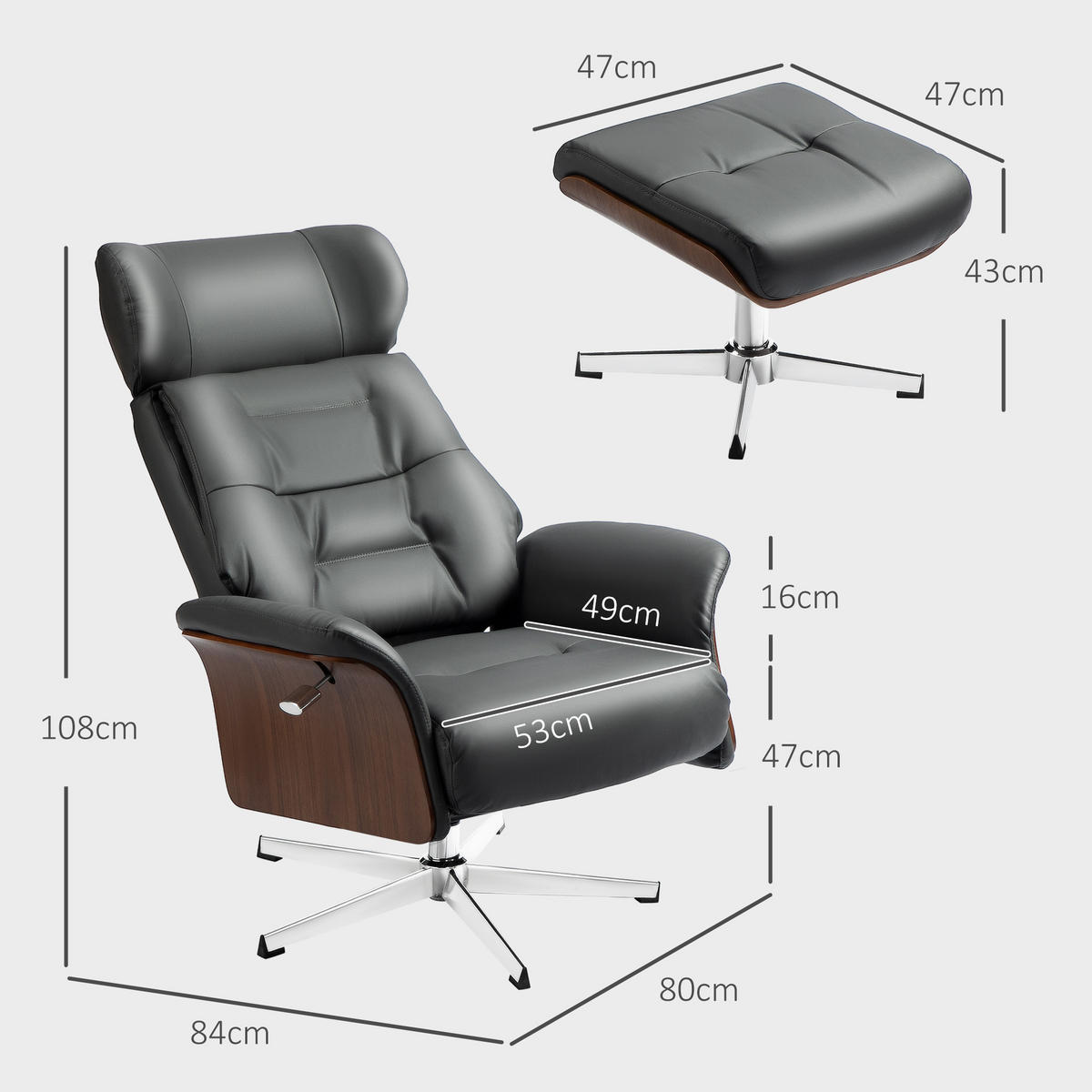 RELAXSESSEL mit Hocker, Fernsehsessel mit Liegefunktion, verstellbare Kopfstütze - Dunkelgrau, Kunststoff (84/108/80cm) - HOMCOM