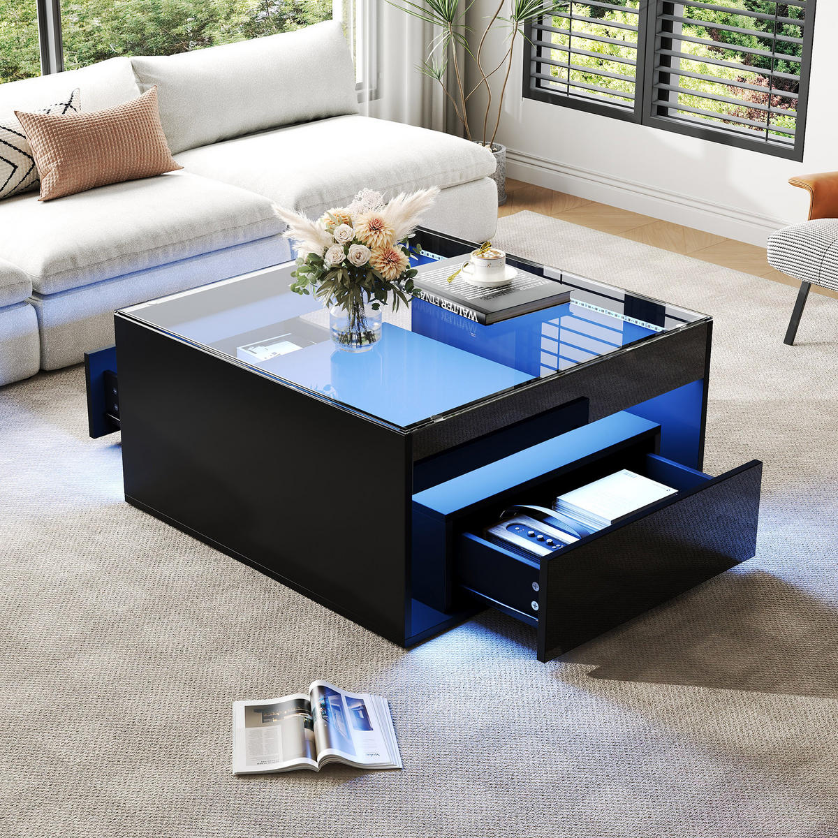 COUCHTISCH 70x70x35 cm mit 2 Schubladen, Hochglanz mit LED, Schwarz - Schwarz, Holzwerkstoff (70/70/35cm) - FLIEKS