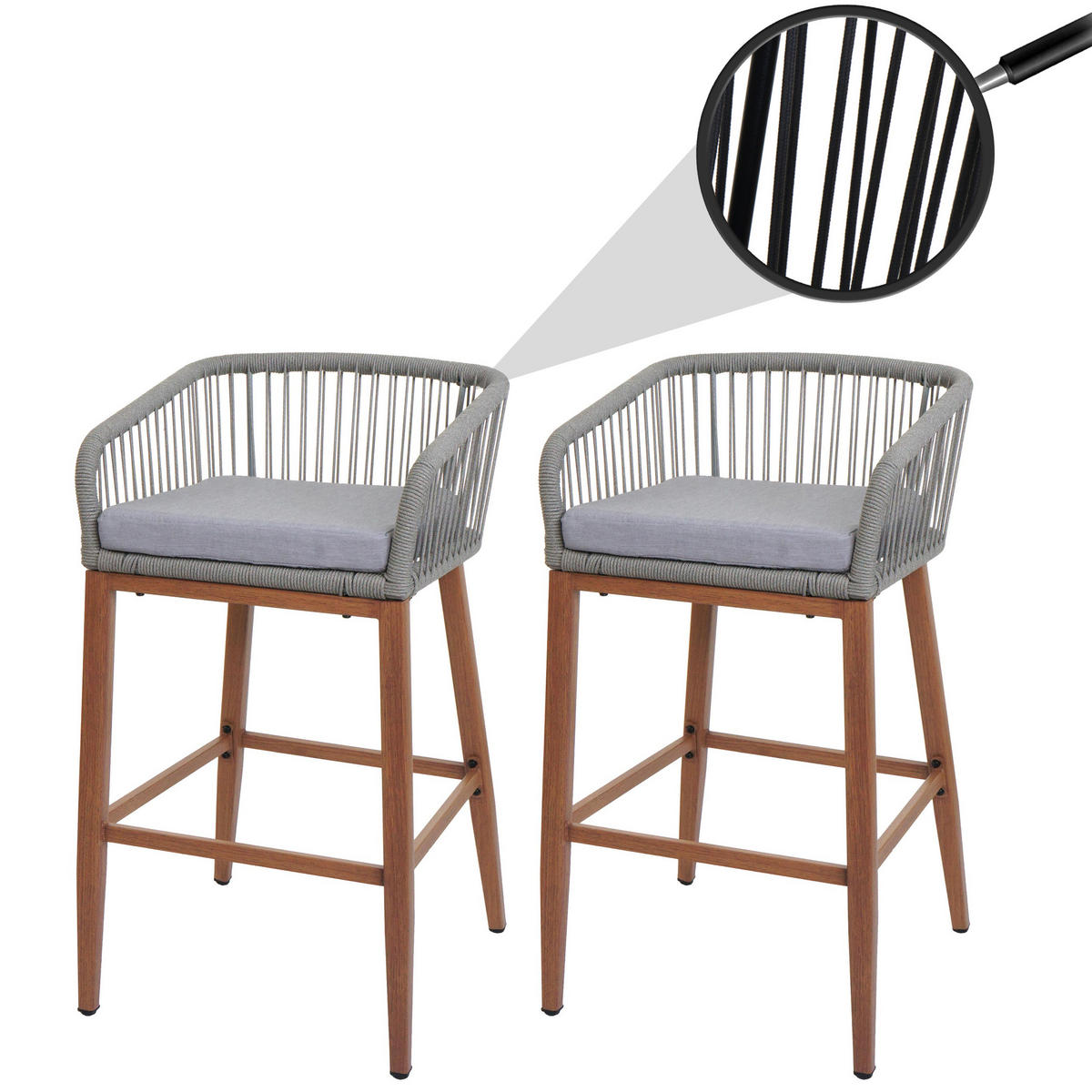 GARTENSTUHL 2er-Set HxBxT 92x51x53cm Sitzhöhe 76cm Hellgrau Kissen Hellgrau Seilgeflecht Metall Holz-Optik - Hellgrau, Metall (51/92/53cm) - PROREGAL