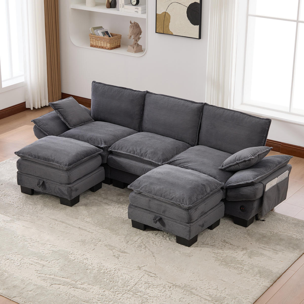 3-SITZER Sofa aus Cordstoff 260x132x84 cm mit USB-C & Seitentaschen, dunkelgrau - Dunkelgrau, Textil (132/84/260cm)