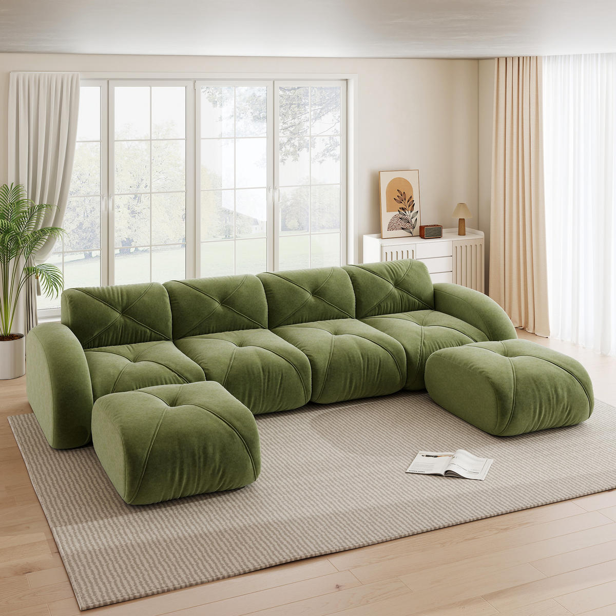 WOHNLANDSCHAFT Chenille Grün mit 2 Hocker - Grün, Textil (358/76/171cm) - WISHDOR
