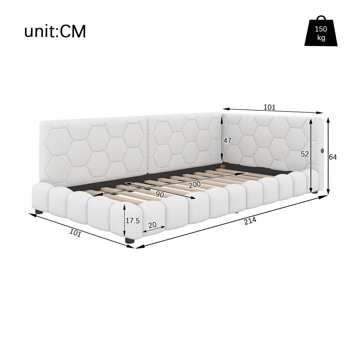 POLSTERBETT mit LED-Beleuchtung 90/200 cm in Weiß mit USB und Lattenrost - Weiß, Textil (90/200cm) - BEAOK