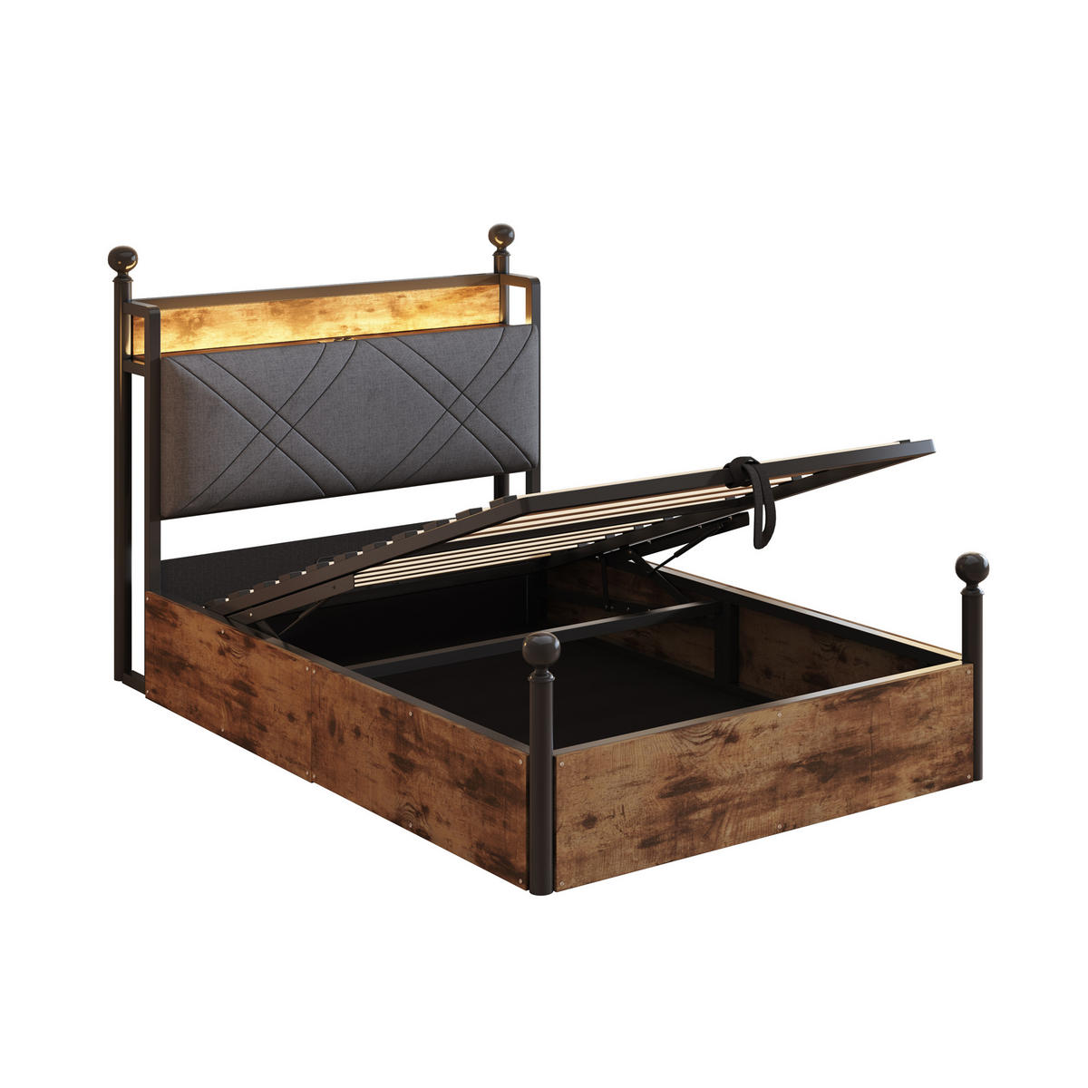 METALLBETT 90/190 cm schwarz mit hydraulischem Stauraum und LED-Beleuchtung - Schwarz, Metall (90/190cm) - OKWISH