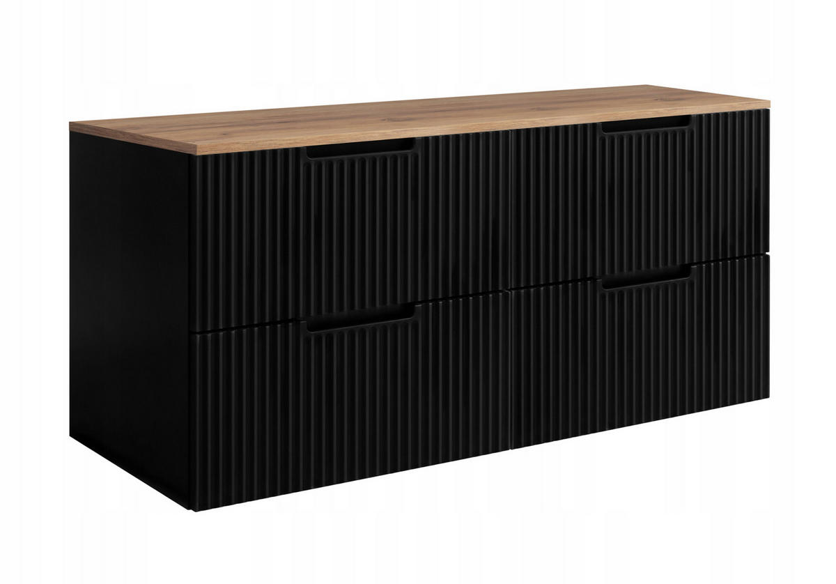 WASCHBECKUNTERSCHRANK VENA 120 cm mit Arbeitsplatte Farbe: Eichen Craft gerillte Vorderseite Matt Schwarz - Eichefarben/Schwarz, Holzwerkstoff (120/58/46cm) - Rodan