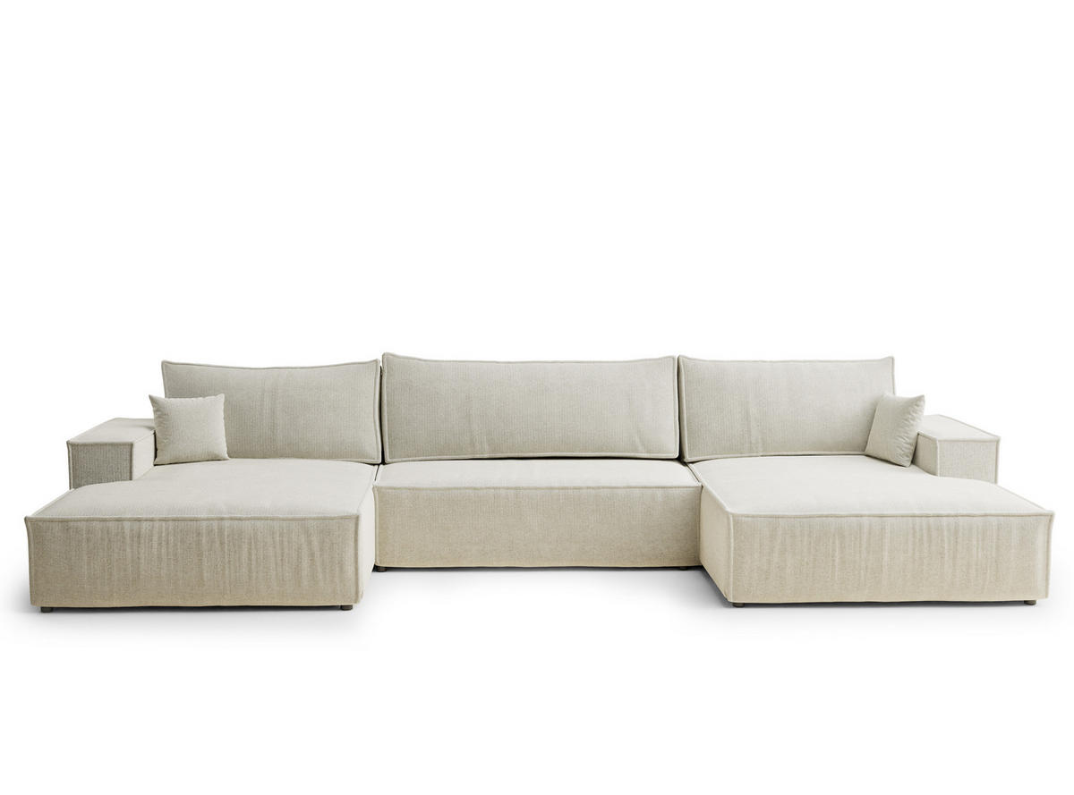 WOHNLANDSCHAFT Kyoto Creme Chenille-Stoff - Creme/Schwarz, Holz/Holzwerkstoff (398/70/148cm) - Maison de Reve