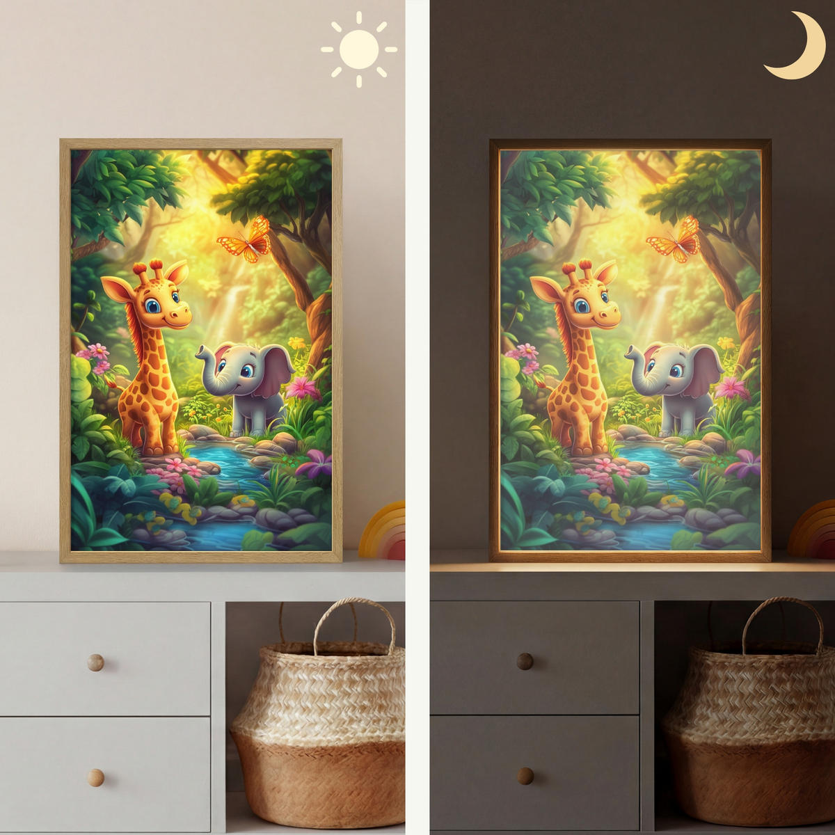 WANDLEUCHTE MIT AKKU Giraffe - Elefant - Blumen - Dschungel 40x60 cm - Grün, Holzwerkstoff (40/60/8cm) - OnlyWow
