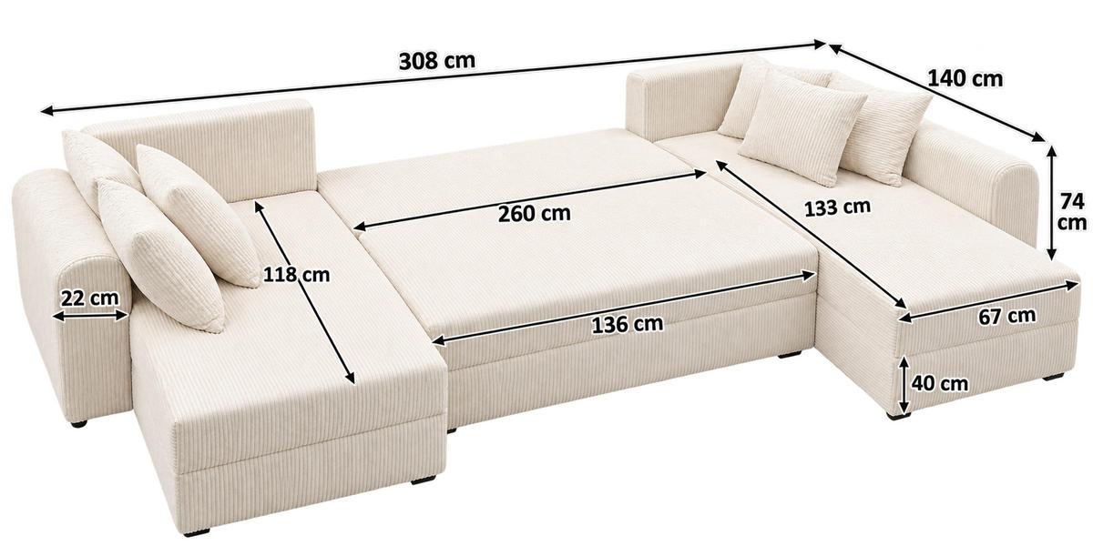 WOHNLANDSCHAFT PUMA U 308 cm – Cord Sofa in U-Form mit Schlaffunktion, Bettkasten und weichem Cordbezug - Schwarz/Rosa, Kunststoff (308/85/140cm)