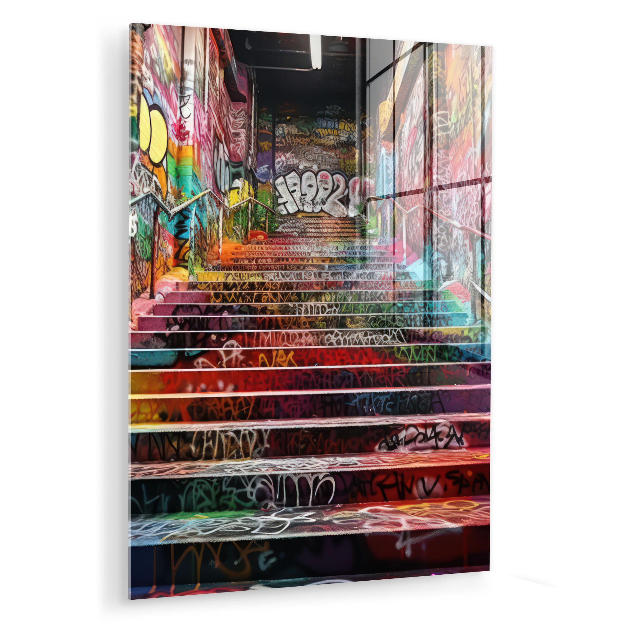 ACRYLGLASBILD Treppe - Graffiti - Farben - Kunst 60x80 cm - Multicolor, Glas (60/80cm) - MuchoWow
