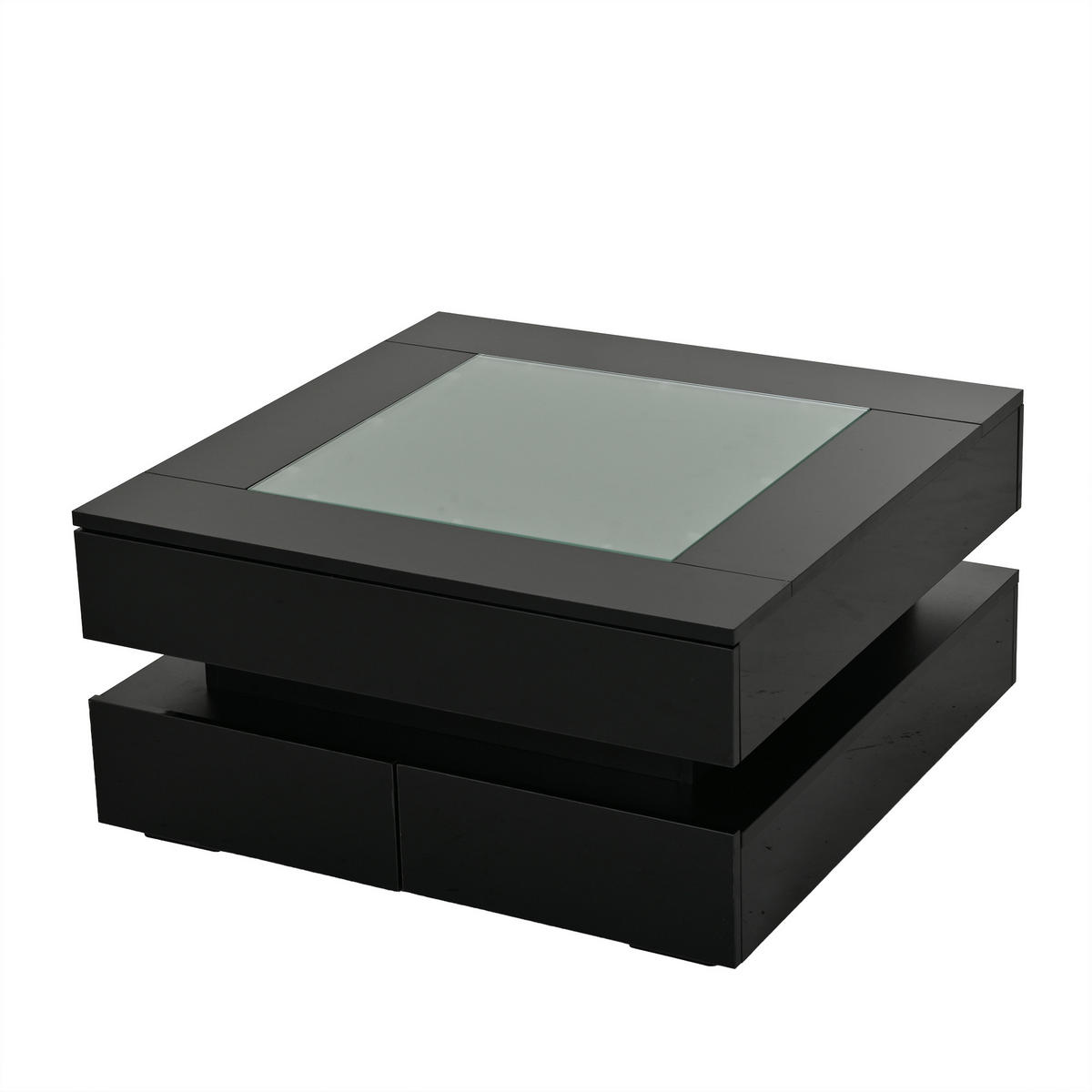 COUCHTISCH DE-37117 quadratisch mit Glasplatte, LED und 3 Schubladen Schwarz - Schwarz, Holzwerkstoff (70/70/35cm) - ComfortXL