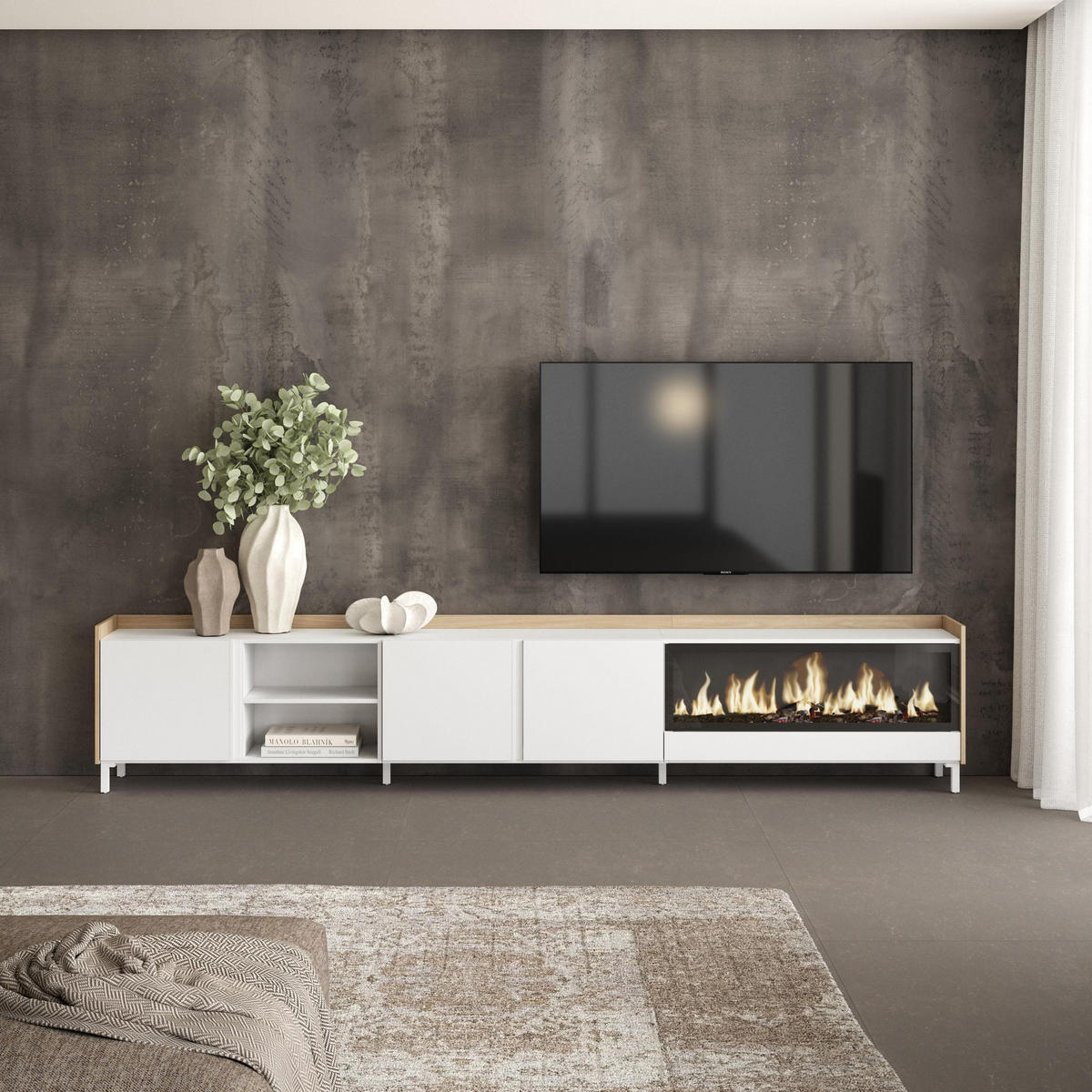 LOWBOARD, Weiß und Eiche, 315/35/61cm, Kamin mit Feuereffekt XXL - Weiß, Holzwerkstoff (315/61/35cm) - Skraut Home