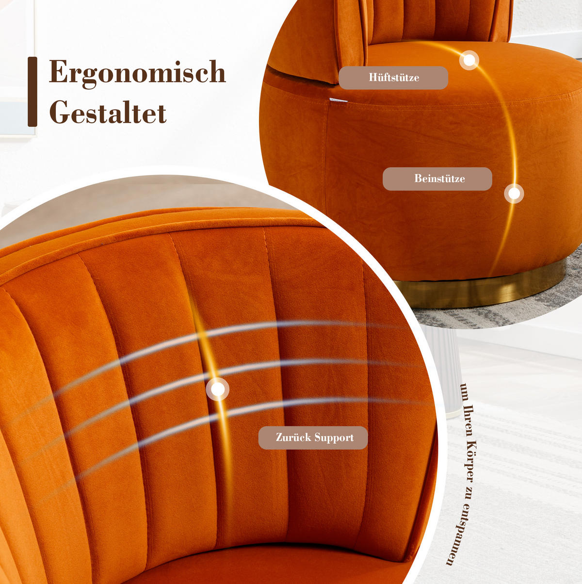 STUHL, Samt, 360° drehbar, 62,5/62/69,5 cm, Orange - Orange, Textil (62/69.5/62.5cm) - Redom