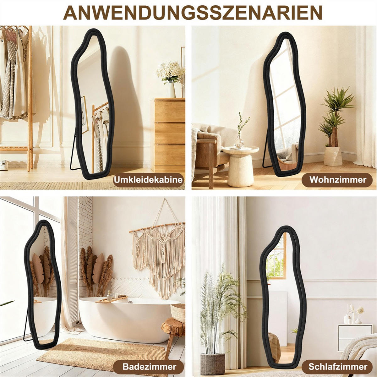 GANZKÖRPERSPIEGEL - Standspiegel - 160x50 cm - Dolphin Wave - mit Samtbezug Schwarz - Schwarz, Glas (50/160/4cm) - DELFA