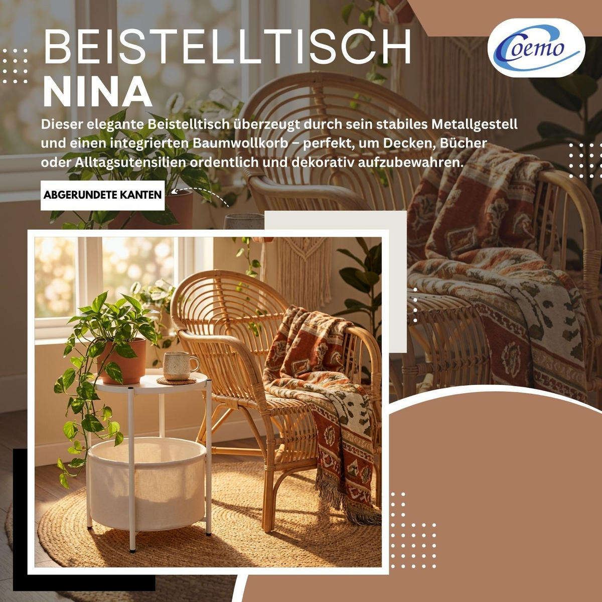 COUCHTISCH NINA rund Metall mit Aufbewahrungskorb Canvas Weiß - Weiß, Metall (45/45/48cm) - Coemo